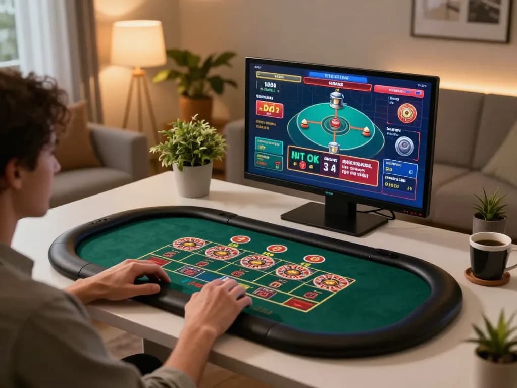 Engaging in live dealer games on va88, showcasing a dynamic online gambling experience in a stylish home office