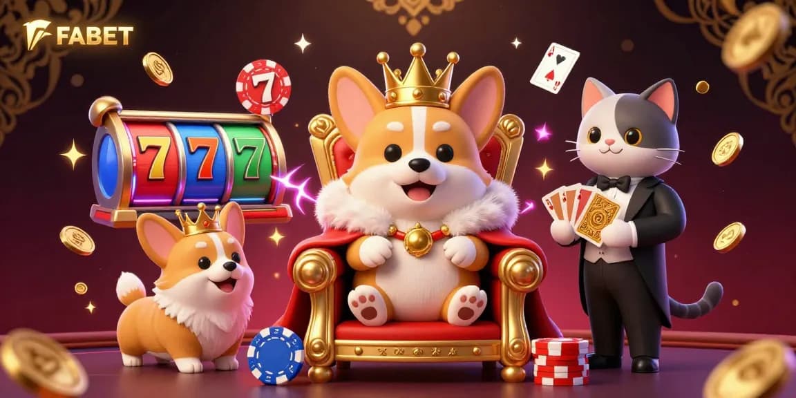 Experience FABET excitement with a royal corgi and golden cards amidst luxurious gaming elements.