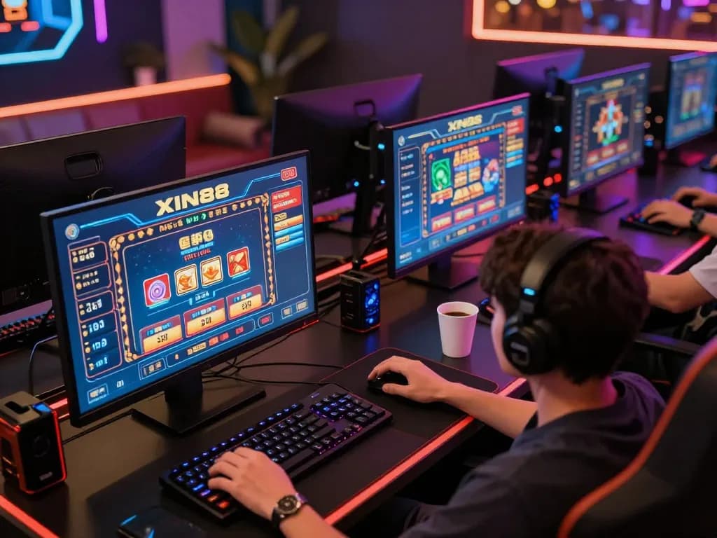 Player enjoying Xin88 online casino games on multiple screens in a modern gaming setup