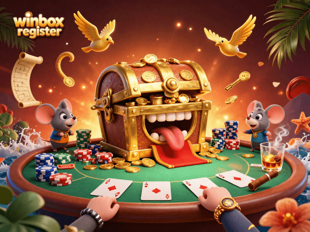 Join the winbox register adventure with fun 3D characters in a vibrant casino setting.