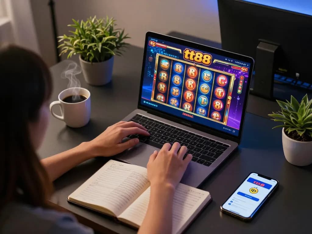 Engaging in online gaming strategies with tt88 on a modern setup, highlighting a vibrant gaming experience.