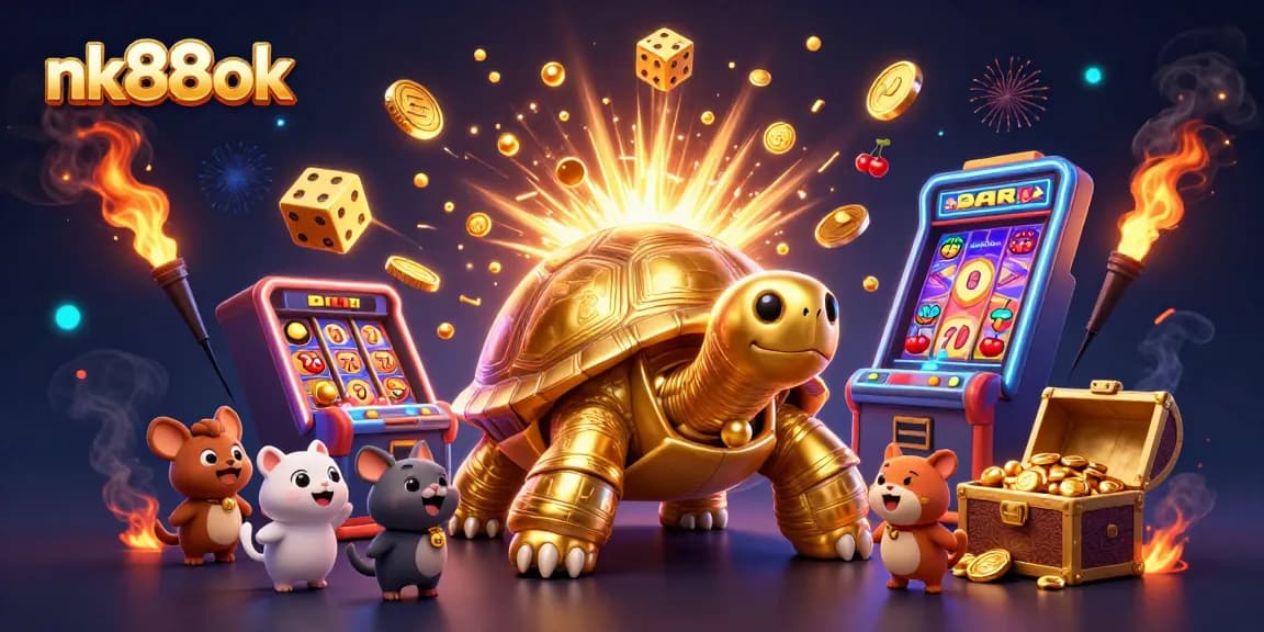 Spin the slot reels and win with nk88ok; vibrant casino illustration bursting with excitement.