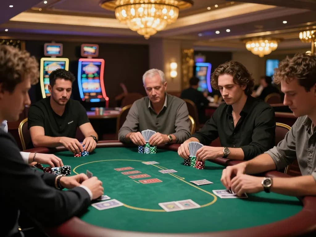 MM88 poker gameplay showcasing players in action with chips stacked, elegant casino atmosphere.