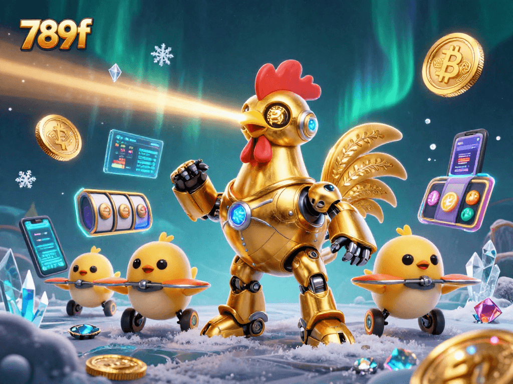 Play engaging casino games at 789f with exciting golden rooster and crypto-themed illustration.