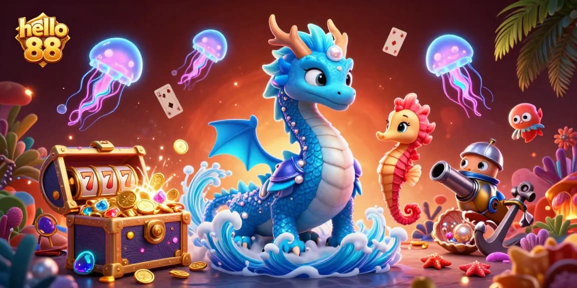 Immerse in hello 88's thrilling slot game scene with mesmerizing ocean creatures and glittering treasures.