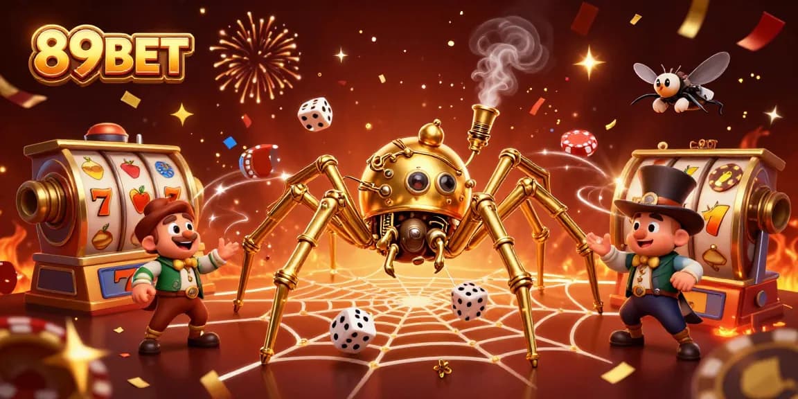 Experience vibrant casino action with 89BET, featuring a steampunk spider and exciting slot reels.
