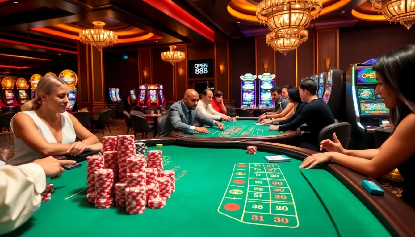 Excited gamblers play at open88 casino tables with vibrant lights and luxurious decor.