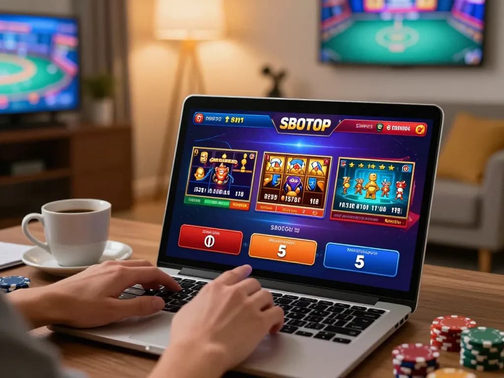Engage with SBOTOP's online slots and live casino features in a cozy home setting.