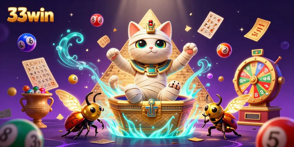 Experience thrilling gaming with 33win's vibrant Egyptian-themed casino illustration
