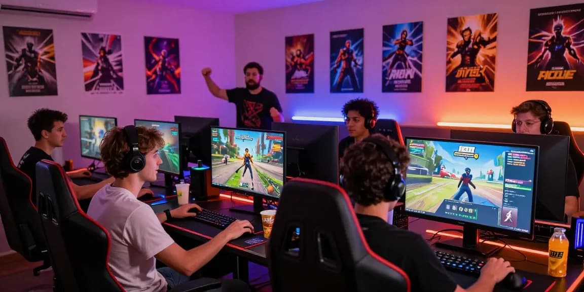 Exciting gaming scene with players immersed in NSFW Games, vibrant LED lighting, and engaging action.