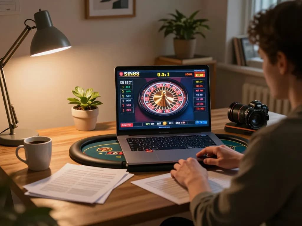 SIN88 online casino experience with a player engaging with live dealer on laptop in cozy home setting.
