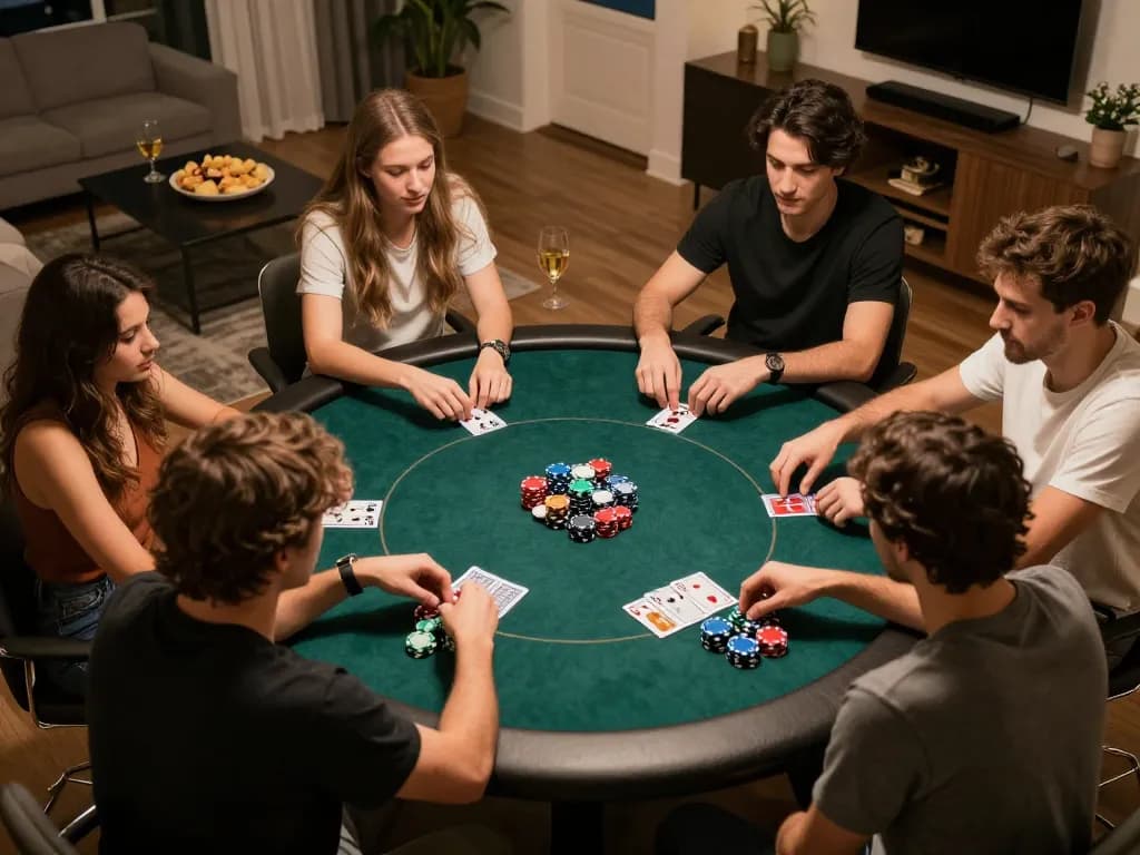 Engagement at a home poker game featuring 98win com players strategizing over colorful chips.