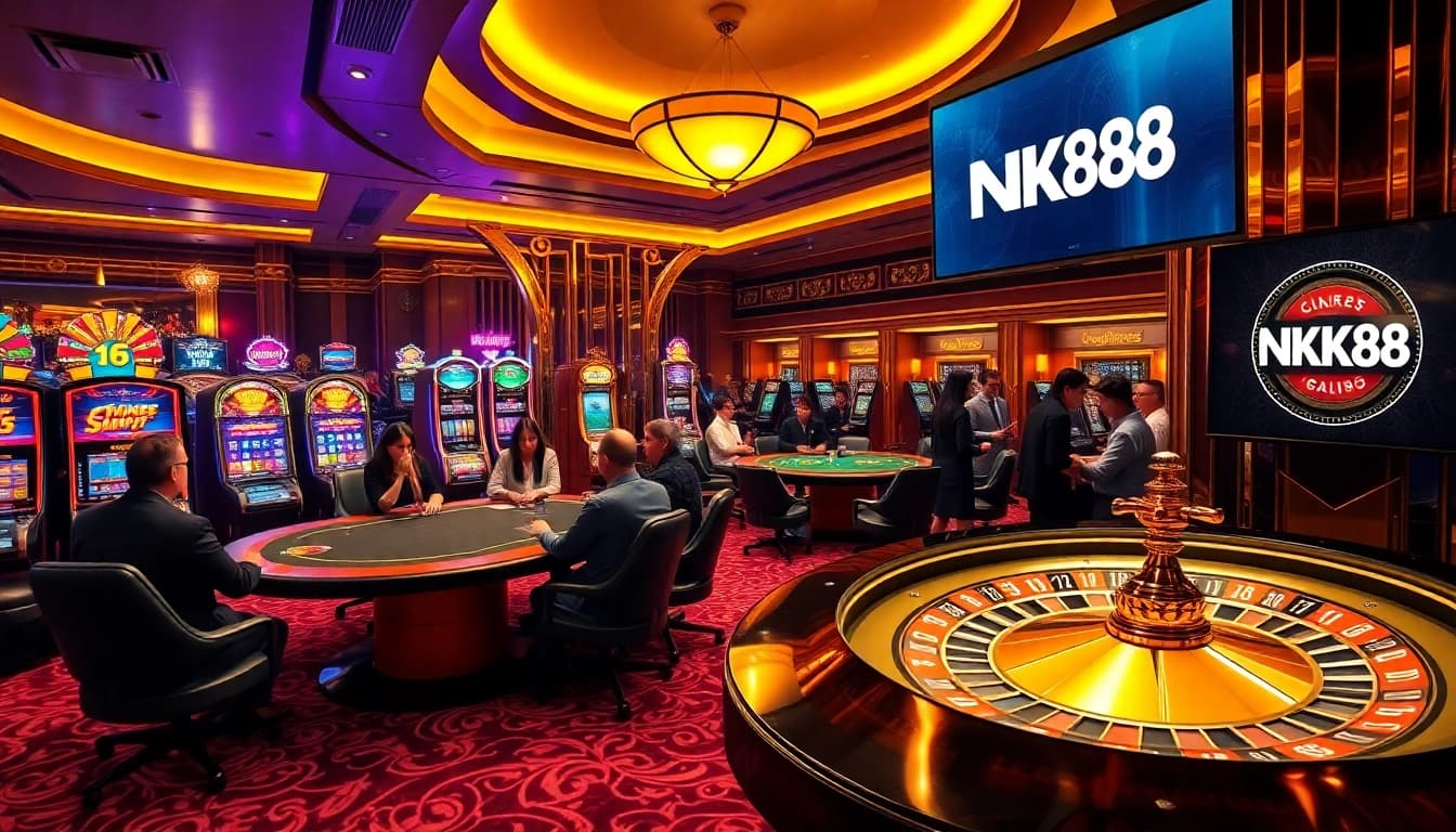 Players engaging with exciting gambling activities at NK88.com casino, showcasing poker, slots, and roulette.