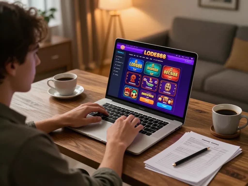 Player engaging with LODE888 online casino gaming on a laptop, showcasing responsible entertainment.