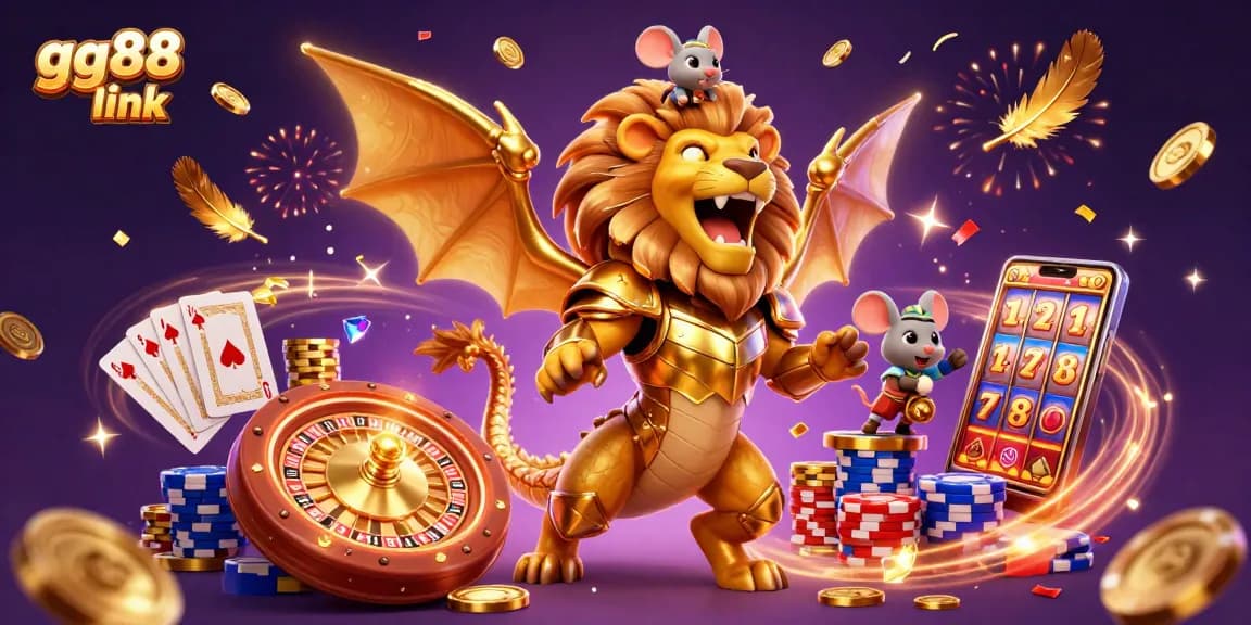 Experience the thrill of the gg88 link with golden coins, vibrant casino elements, and triumphant creatures.