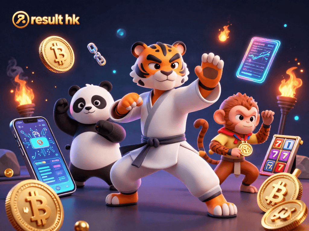 Experience result hk with a kung fu tiger and panda in a casino-themed 3D illustration.