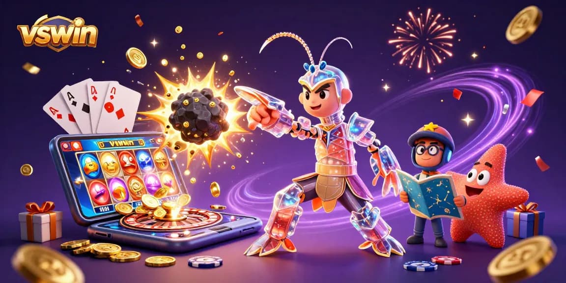 Spin to win at VSWIN with a cartoon mantis shrimp and starfish in a colorful casino scene.