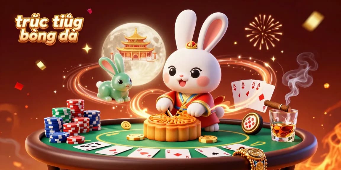 Experience trực tiếp bóng đá with a vibrant scene of a moon rabbit surrounded by poker elements.