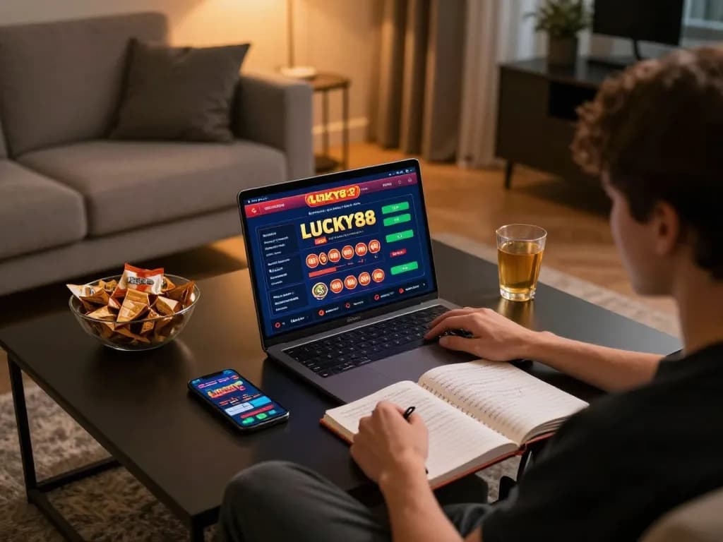 View of a player engaging with LUCKY88 casino gaming on a laptop in a cozy home setting.