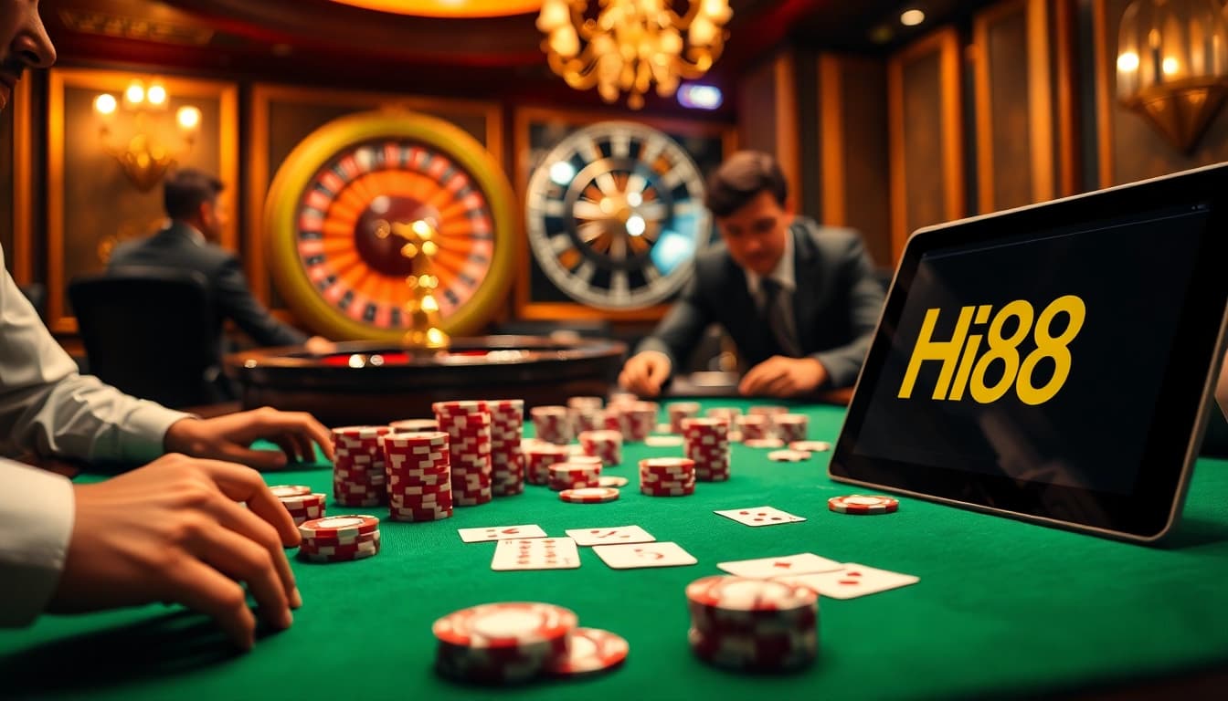 Exciting gaming atmosphere at Hi88 featuring poker, roulette, and enthusiastic players.