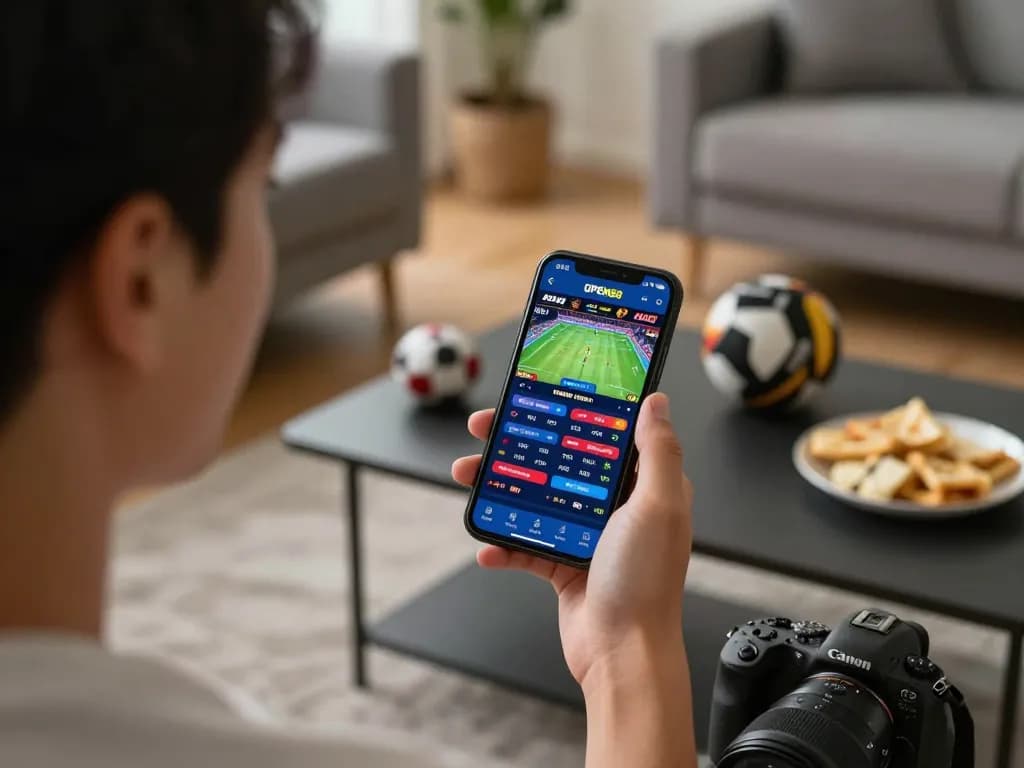 Engaging with the OPEN88 mobile betting app during live sports, illustrating excitement and strategy.