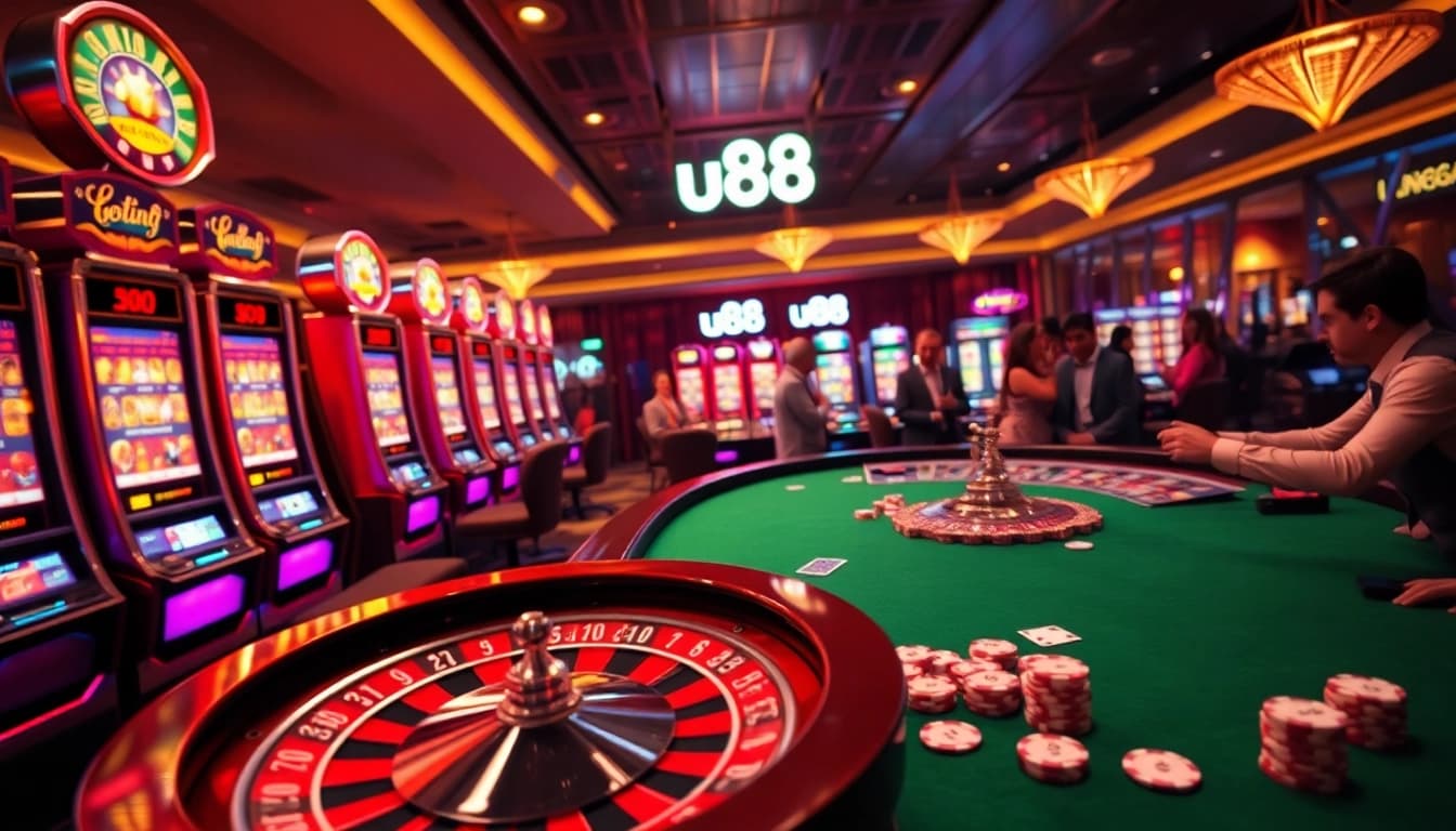 Exciting casino scene showcasing u88 slot machines and vibrant poker chips on tables.