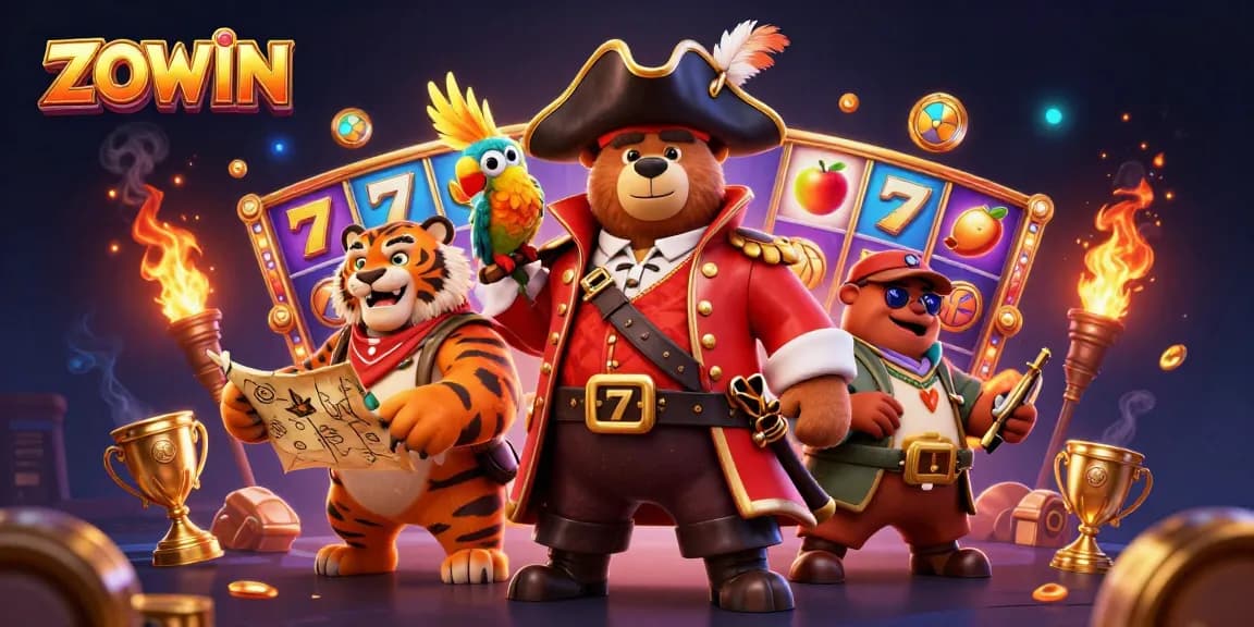 ZOWIN showcases a thrilling slots experience with colorful slot reels and dynamic characters.