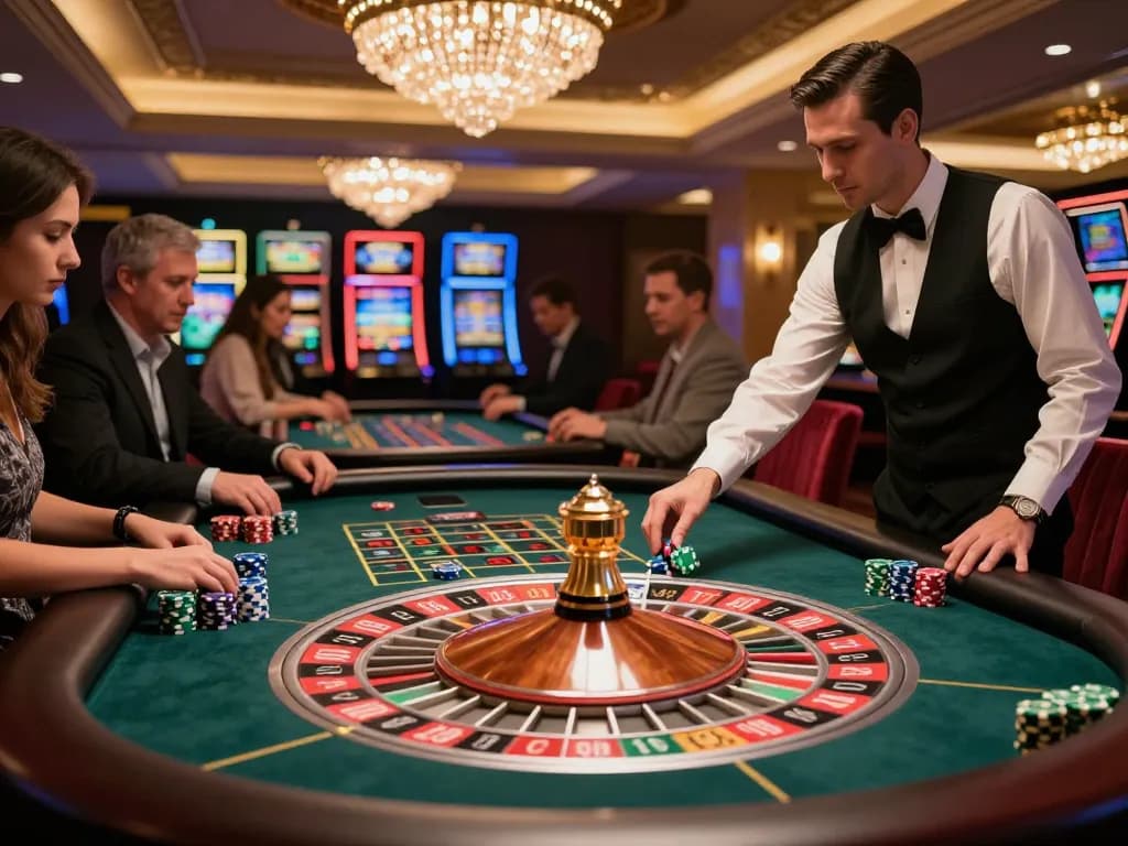 Players engaged in exciting roulette gameplay at 789WIN casino, highlighting vibrant chips and spinning wheel.