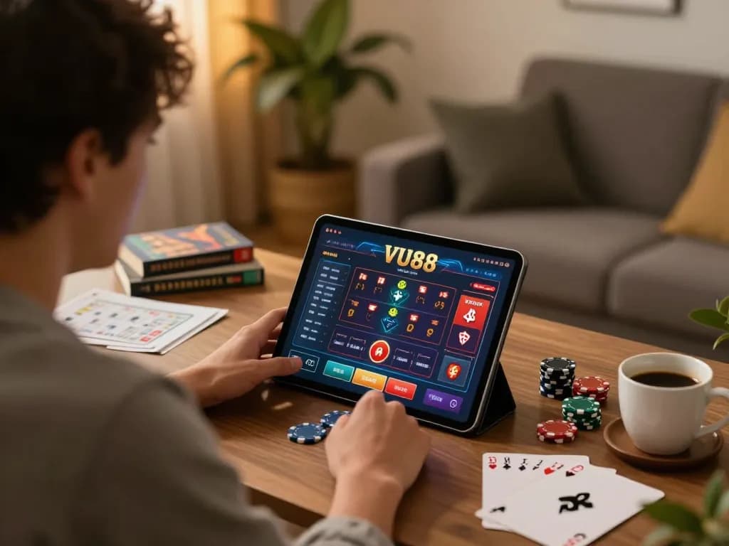 Vue of a player enjoying VU88 online gaming on a tablet, strategic notes and poker chips nearby.