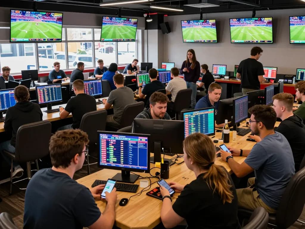 Engaging sports betting enthusiasts analyzing odds and placing wagers with nhận định kèo nhà cái strategies in a lively lounge atmosphere.