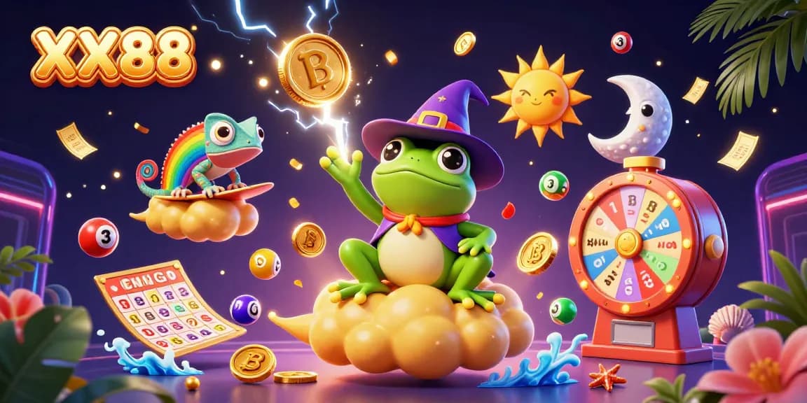 Experience the vibrant fun at XX88 through a dynamic gaming illustration filled with golden coins and exciting lottery elements.