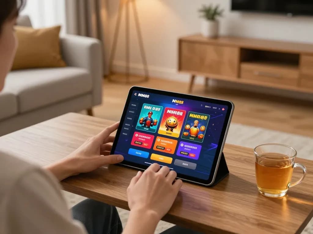 Engaging with the MM88 casino app on a tablet in a cozy home setting, showcasing strategic online gaming.