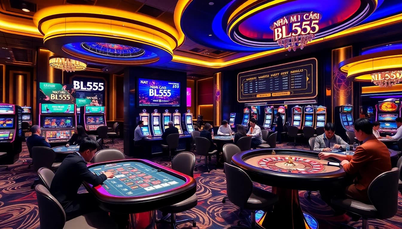 Engaged players enjoying thrilling games at Nhà cái BL555 casino scene with vibrant lighting.