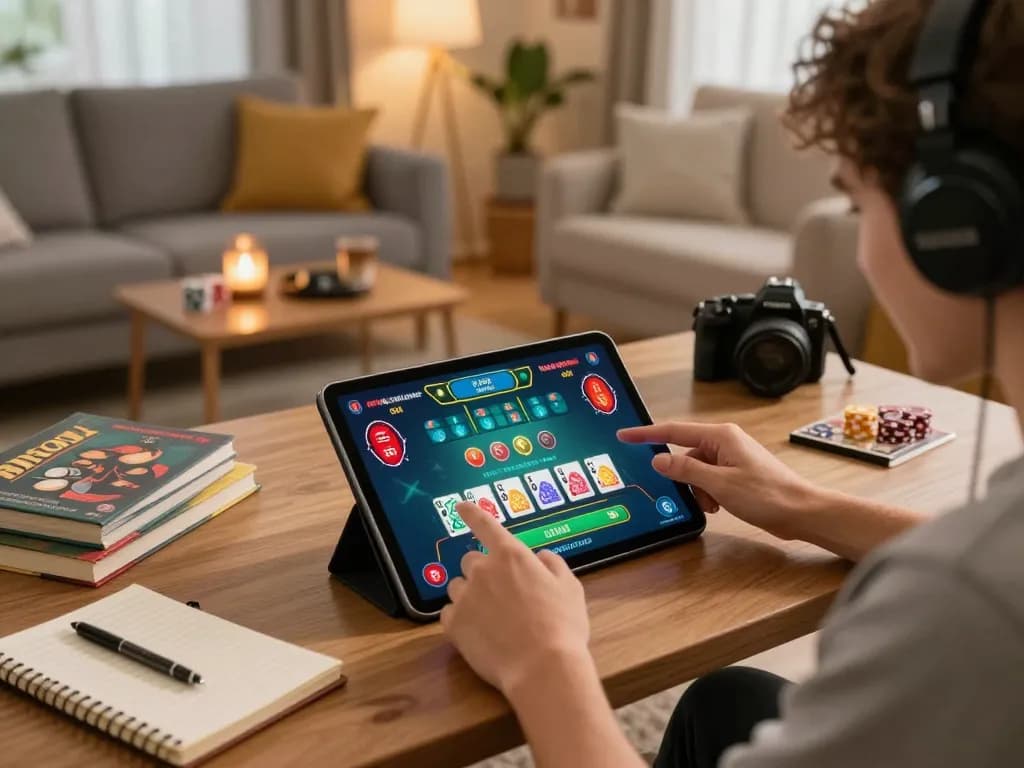 Excited player engaging with DH88 online casino blackjack app in cozy home setting.