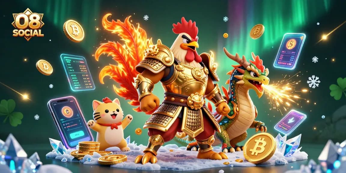 Engage in thrilling gameplay at O8 SOCIAL featuring a fierce combat rooster and dragon in a dynamic 3D illustration.