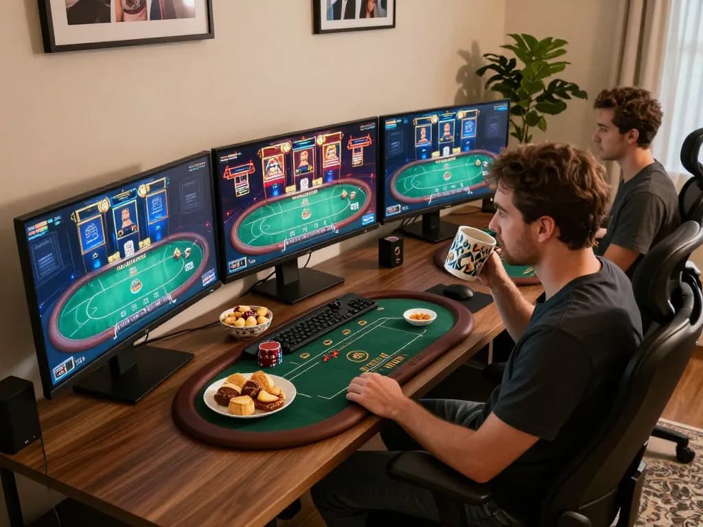 Engaged player enjoying VU88 online casino games at a stylish home setup with multiple screens