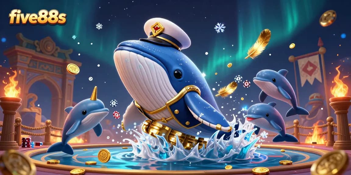 Experience excitement at five88s with a whale breaching in gold coins, playful dolphins, and narwhal action.
