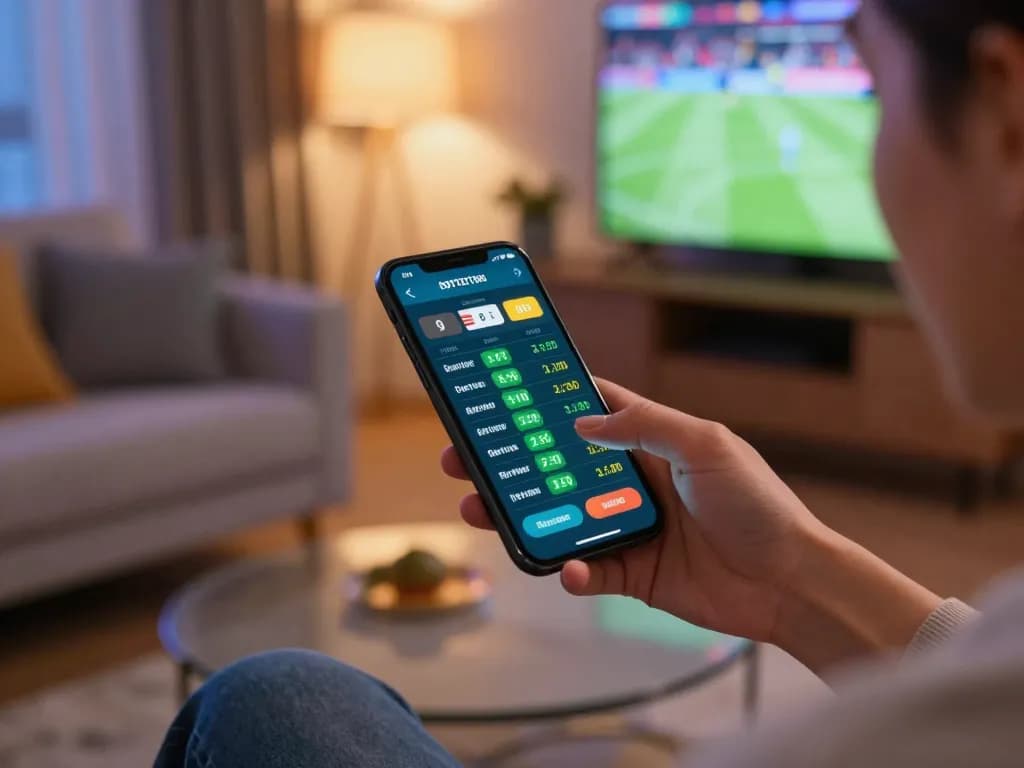 ta88 user placing bets on a smartphone while watching live sports in a lively home setting.