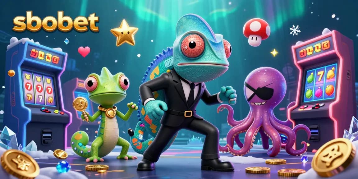 Engage in sbobet betting with a vibrant casino scene featuring chameleon, gecko, and octopus.