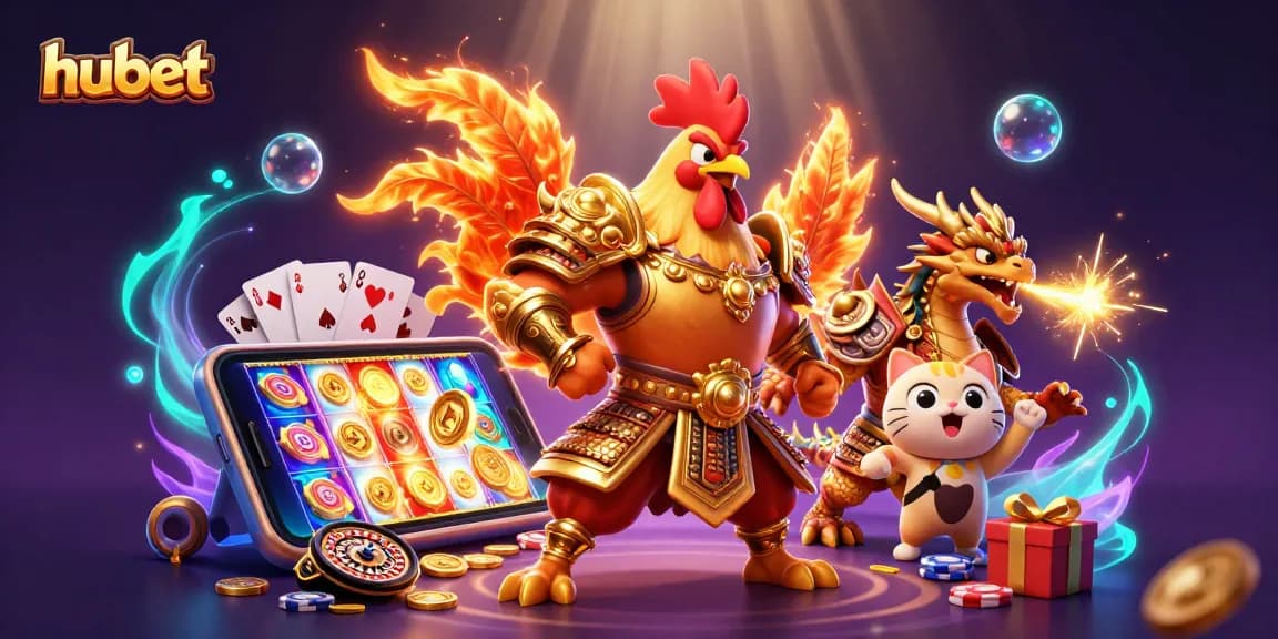 hubet offers an exciting casino experience with a vibrant illustration of casino elements and characters.