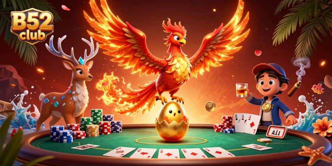 Engage at B52 club with a vibrant 3D casino scene featuring a phoenix and poker elements.