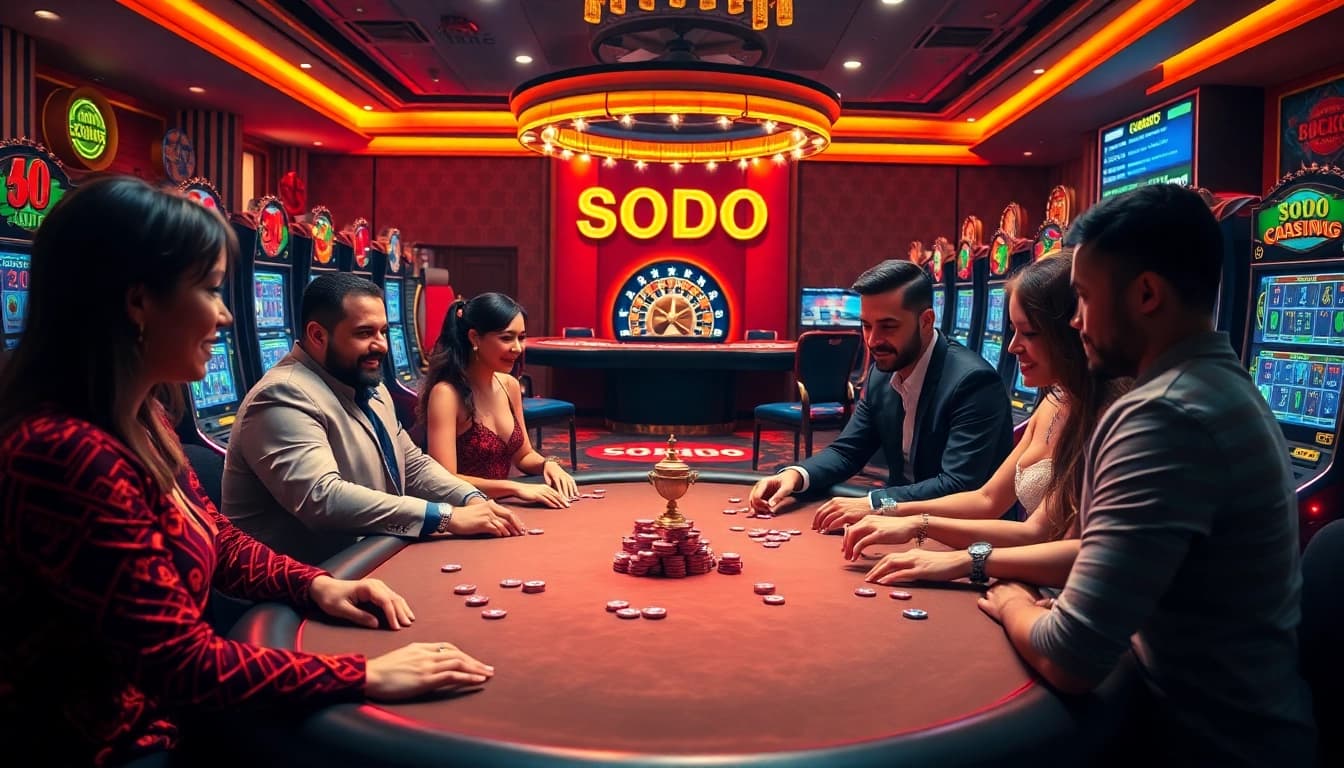 Experience the thrill of SODO CASINO with players at vibrant poker tables and exciting slot machines.