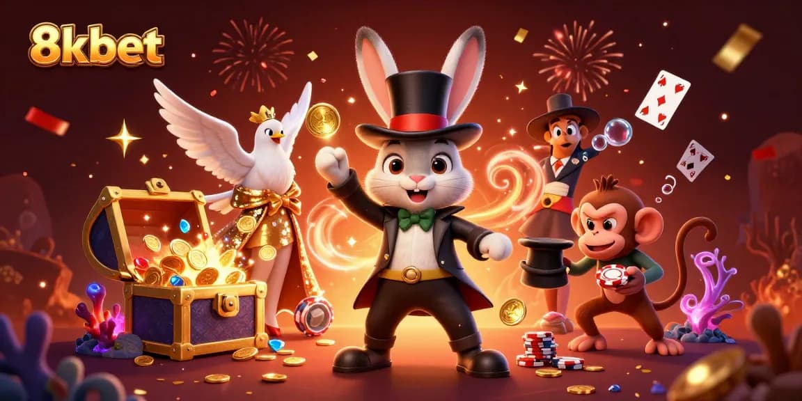 Experience magic and luck with 8xbet's thrilling gaming scene featuring cartoon characters and vibrant casino elements.