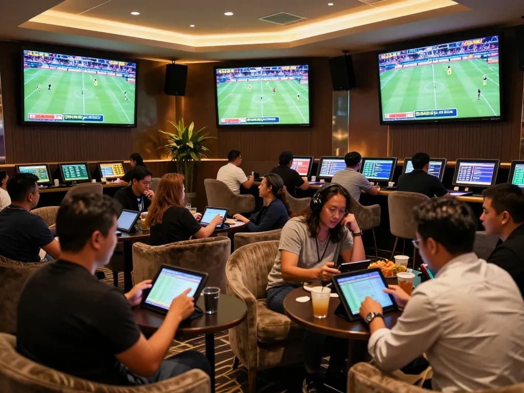 Bongdalu patrons engaged in sports betting while analyzing odds in a luxurious casino lounge.