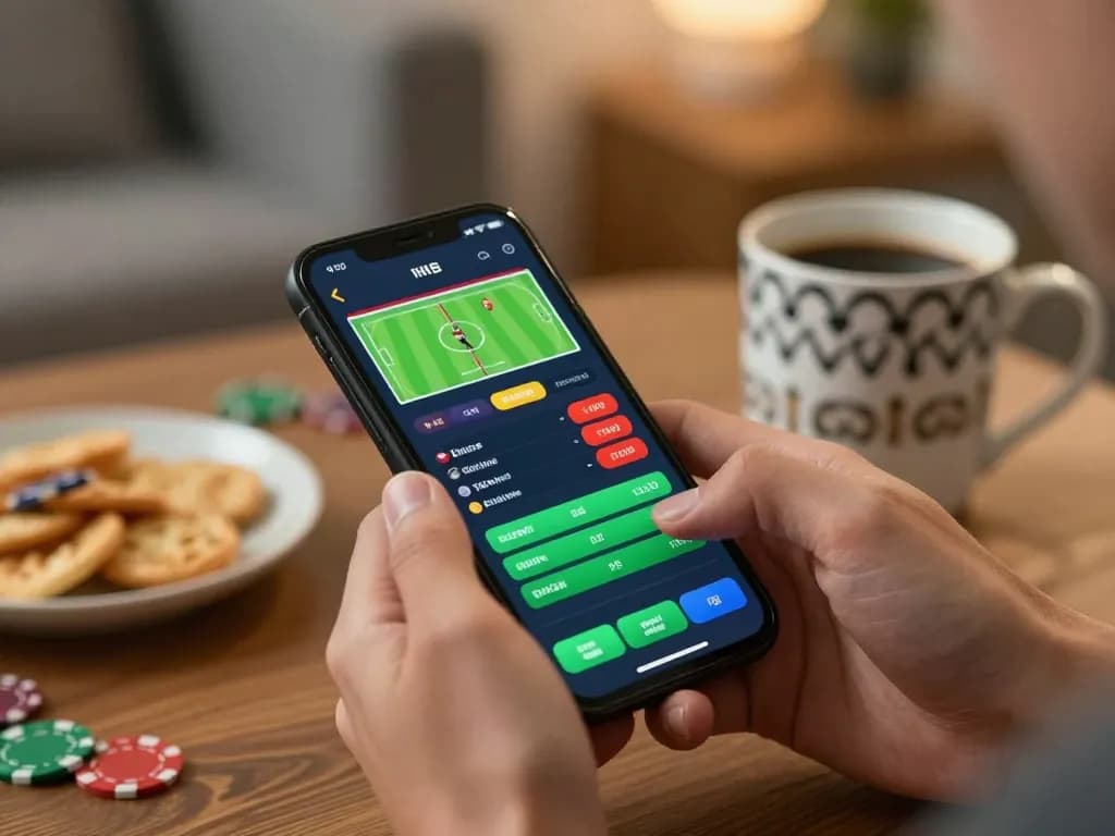 PH22 mobile gaming action with a person using a smartphone for sports betting in a cozy home environment.