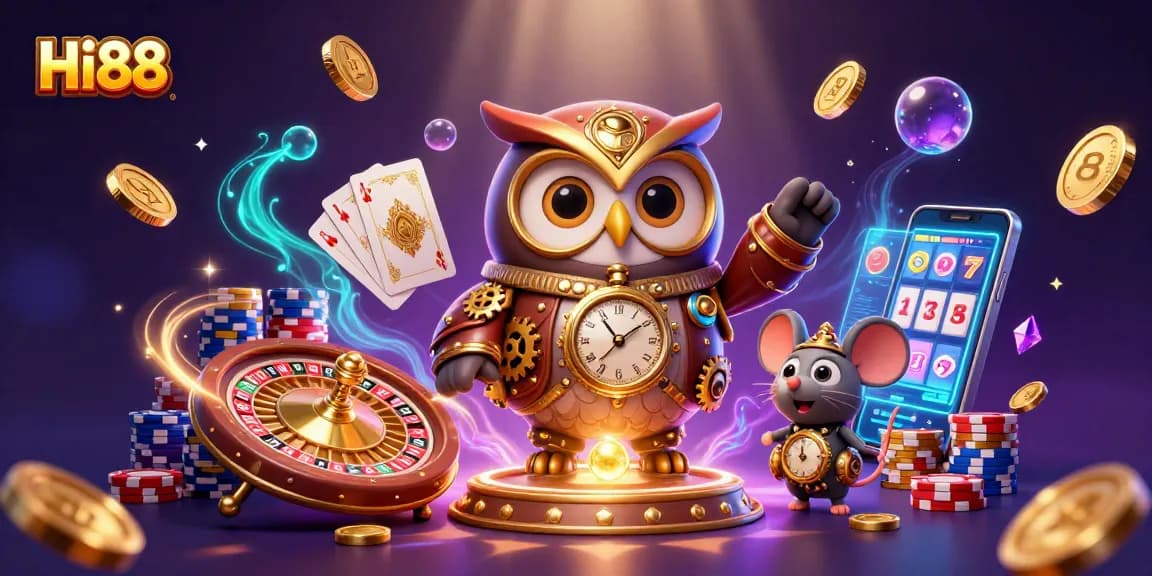 Experience thrilling gaming with Hi88 as the time-traveler owl showcases a vibrant casino scene.