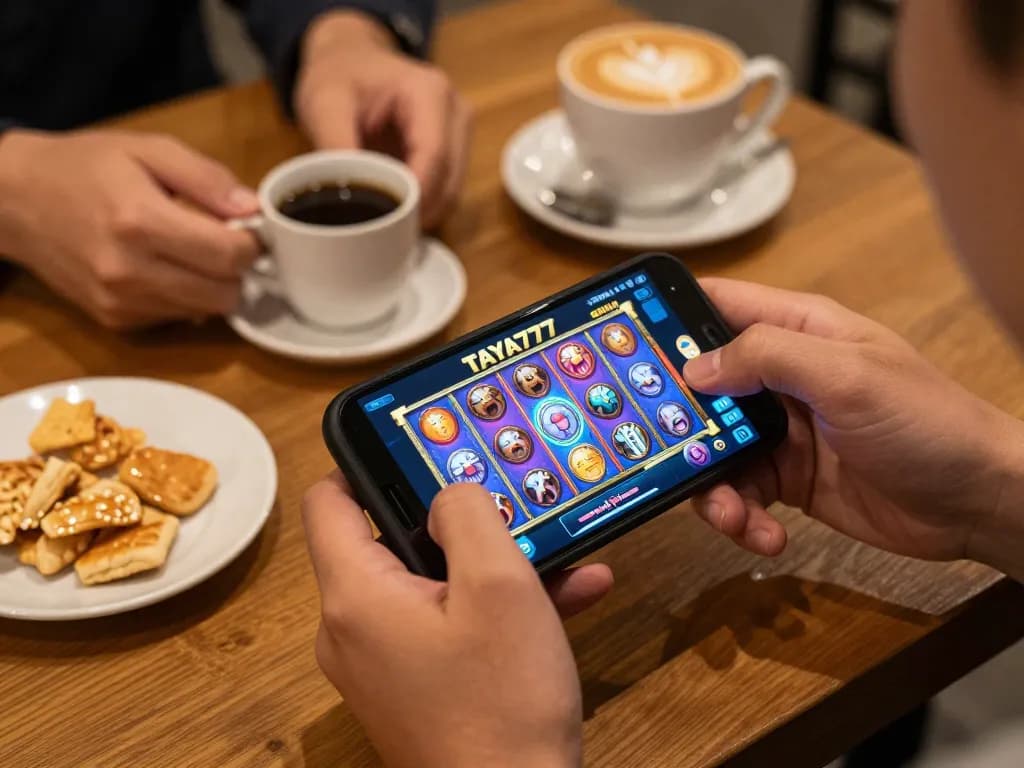 Experience immersive gaming on the TAYA777 app with vibrant slot games in a cozy café environment