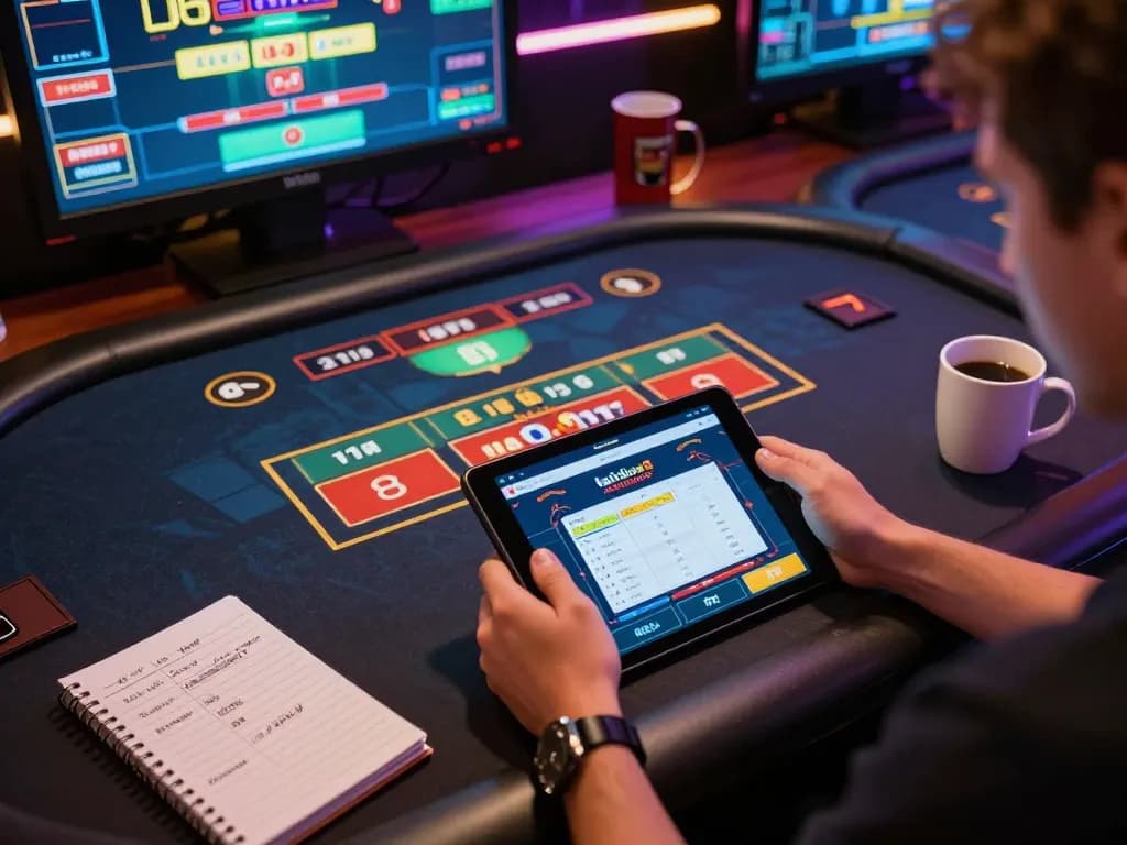 An engaged player using taixiuonline8 on a tablet for online Tài Xỉu gaming, showcasing interactive dealer tables and personal gaming setup.
