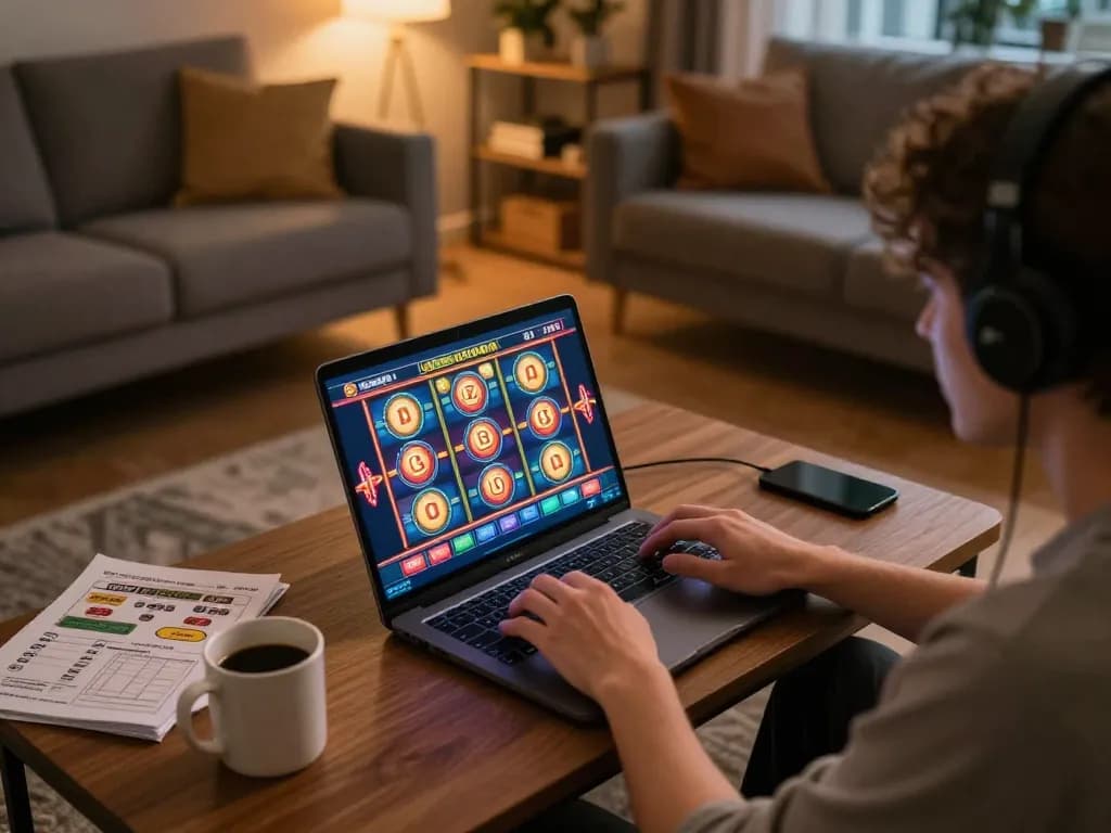 Player engaged in online slots at home using 9bets, showcasing a comfortable gaming setup.