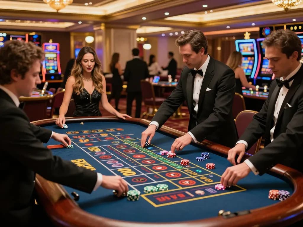 Players enjoy the sun win experience at an upscale casino roulette table, excitement fills the air.